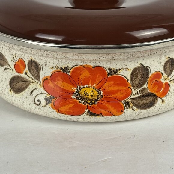 Sanko Ware Show Pans Japan Enamel Coated Orange Flower Covered Lid 9in Saucepan - Picture 3 of 16
